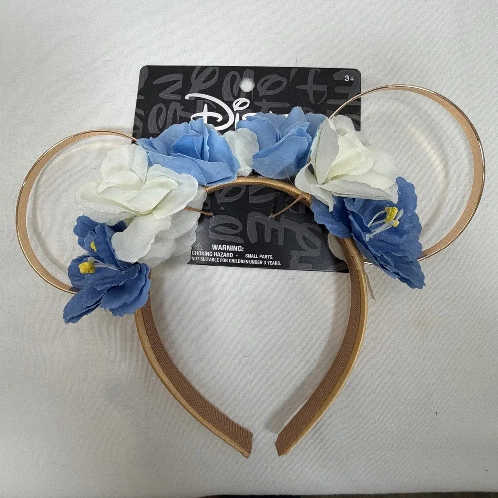 Disney Minnie Mouse Floral Wire Ears Headband Gold Blue White Kids New